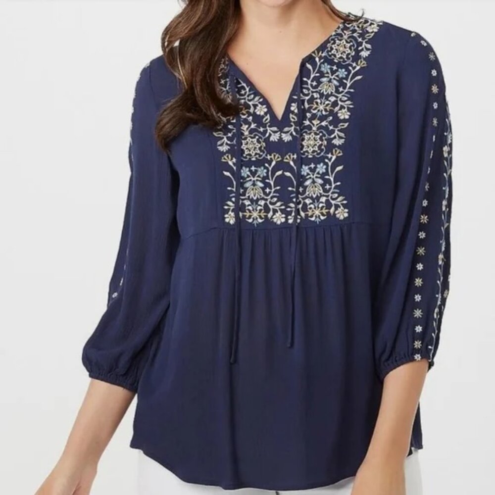 Westport Blue Embroidered Peasant Top Size M BOHO